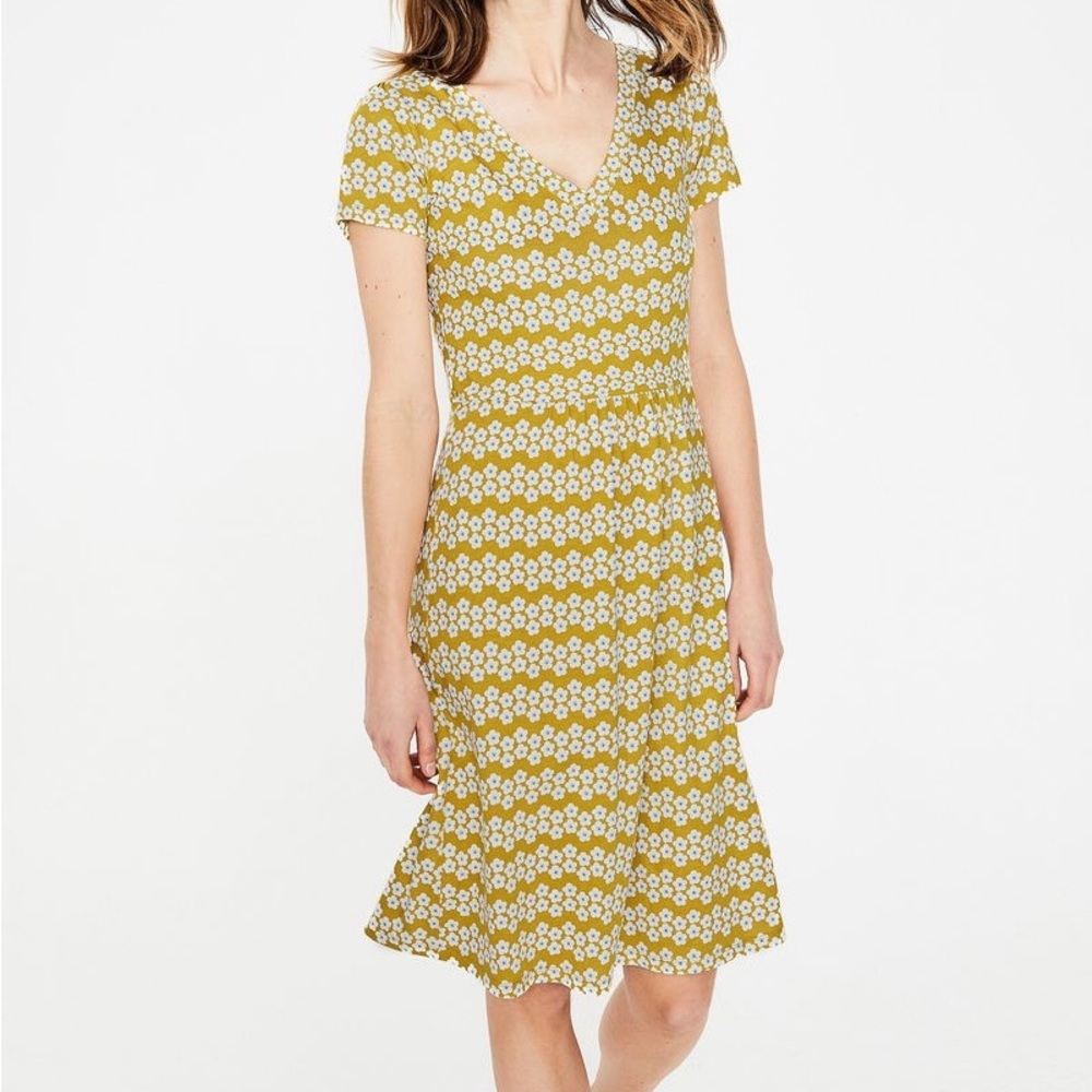 Boden Penelope Jersey V-Neck Floral Midi Dress Mustard Yellow Size 2P
